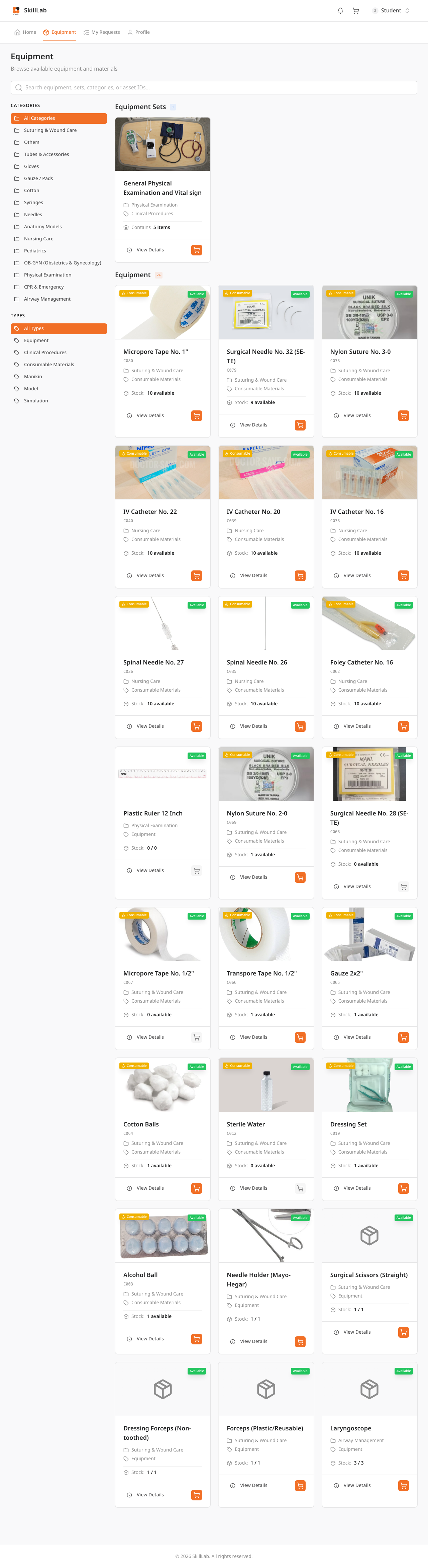 หน้ารายการครุภัณฑ์ /app/equipment แสดงช่องค้นหาด้านบน แถบกรองซ้าย และกริดการ์ดครุภัณฑ์ 2 ส่วน