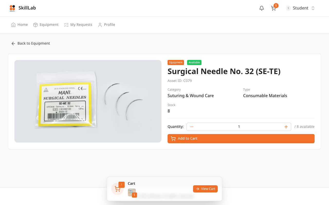 หน้ารายละเอียดครุภัณฑ์ /app/equipment/[id] แสดงรูปภาพขนาดใหญ่ ข้อมูล Asset ID สถานะ จำนวนคงเหลือ และปุ่ม Add to Cart