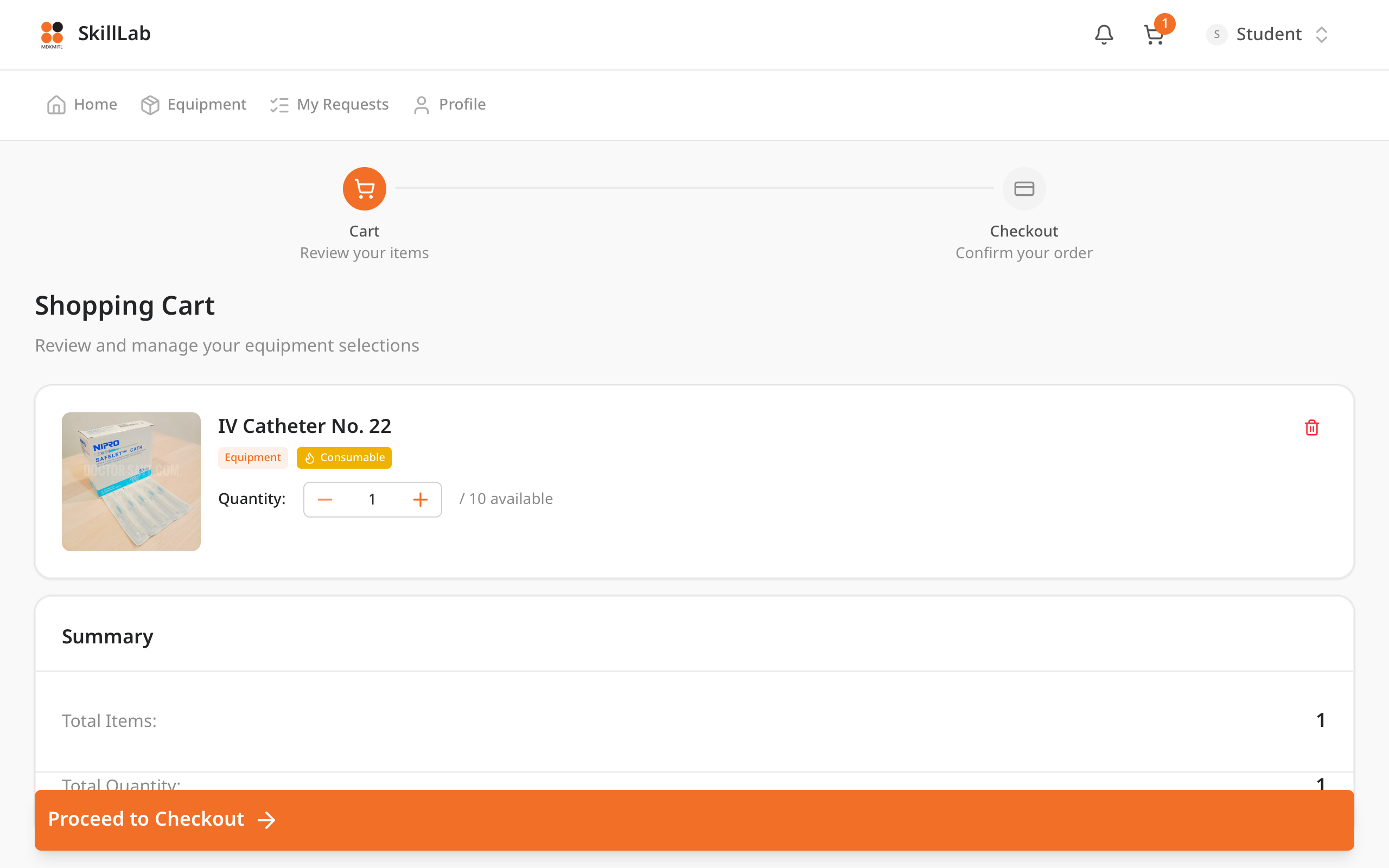 หน้าตะกร้า /app/cart แสดง Step Indicator 3 ขั้น Cart → Checkout → Confirmed รายการครุภัณฑ์ และปุ่ม Proceed to Checkout