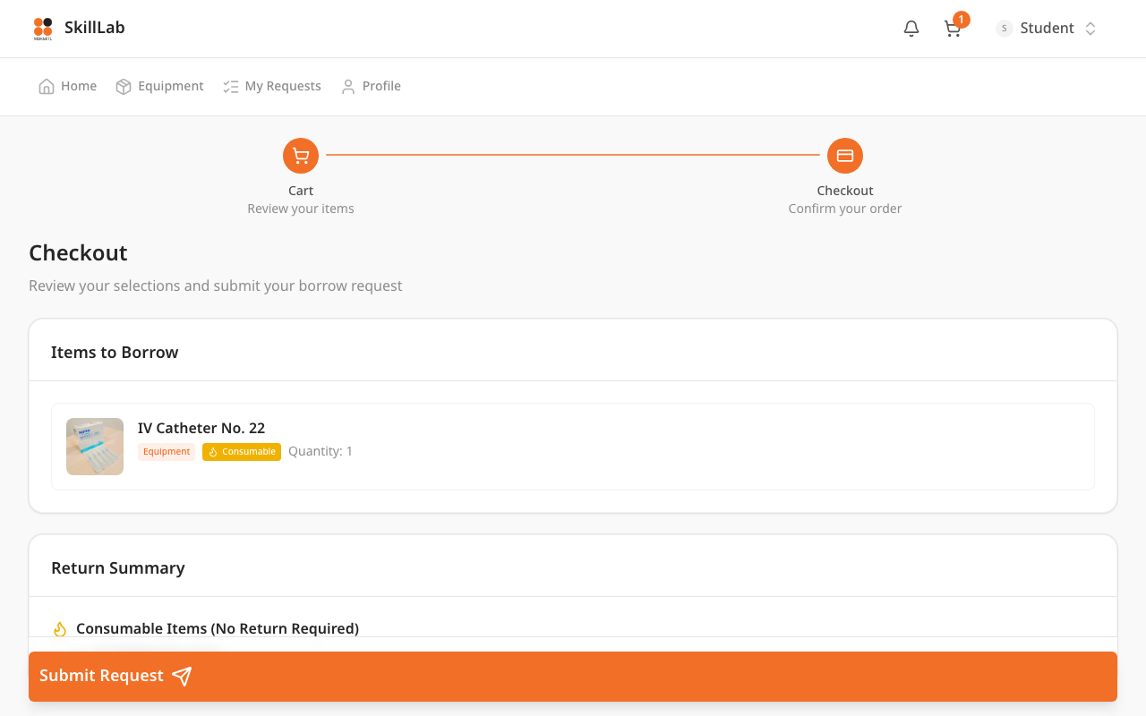 หน้า Checkout /app/cart/checkout แสดงสรุปรายการ ส่วน Borrow Date / Due Date แบบ Calendar Picker และช่อง Notes พร้อมปุ่ม Submit Request